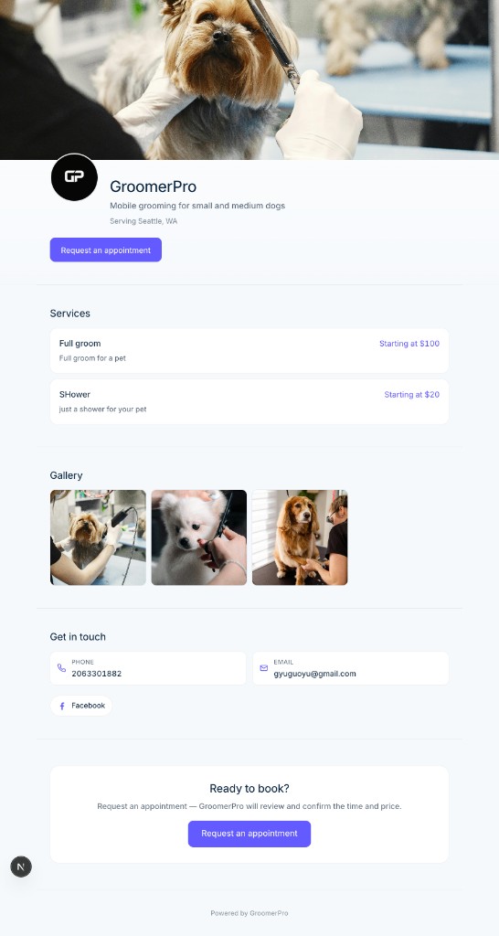 Example GroomerPro public business page on a phone: a groomer's cover photo, business name, services with starting prices, photo gallery, contact info, and a booking button.